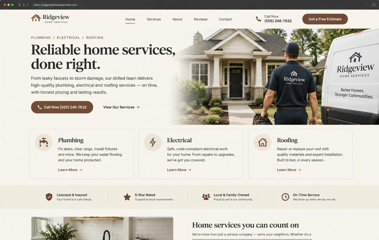 Home services website concept with warm cream and brown design