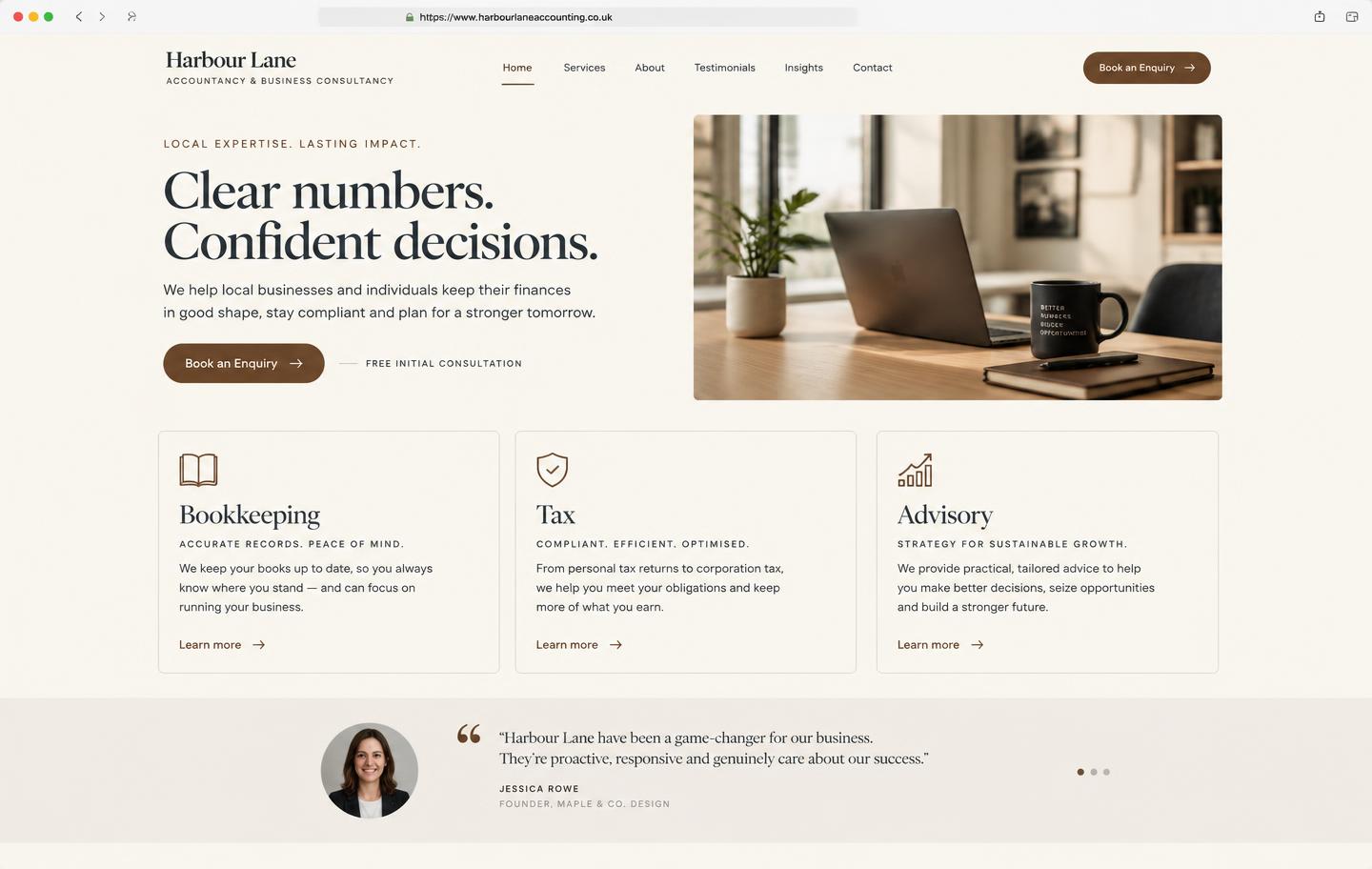 Professional services website concept with elegant serif design